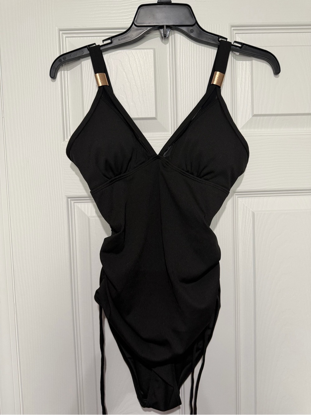 Black One-Piece Swimsuit with V-Neck and Adjustable Straps